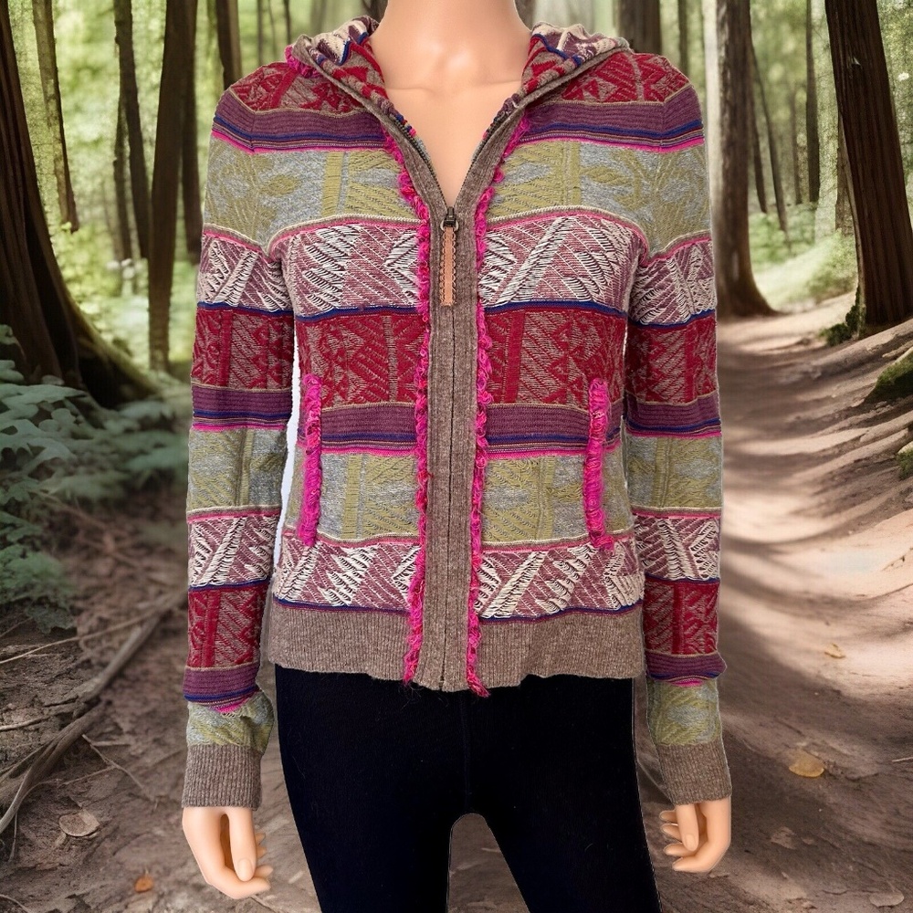 Anthropologie MOTH Zip Hoodie Boho Sweater XS Wool Blend Woven Aztec Long Sleeve